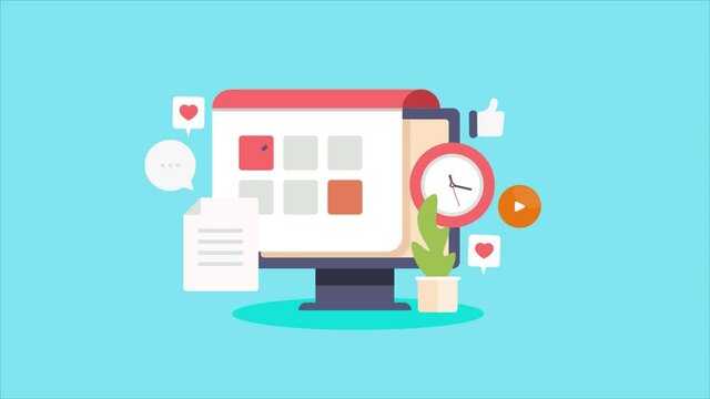 Social media management software, content calendar, social media post schedule app, marketing automation, time management, cartoon style 2d video animation.