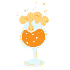 Glass of beer. Fresh yellow live beer and white foam, and bubbles. For emblem, web, info graphic, cafe and restaurant. October fest concept. Vector cartoon illustration isolated on a white background.