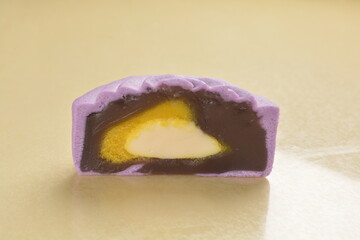 traditional healthy no oil baked yam taro lotus paste mooncake with sweet bean and mochi in purple rose flower shape lantern mid autumn festival halal product menu
