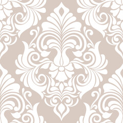 Damask seamless vector background. Wallpaper in the baroque style template.Beige and white floral element. Graphic ornate pattern for wallpaper, fabric, packaging, wrapping. Damask flower ornament.