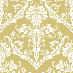 Damask seamless vector background. Wallpaper in the baroque style template. Gold and white floral element. Graphic ornate pattern for wallpaper, fabric, packaging, wrapping. Damask flower ornament.