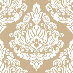Damask seamless vector background. Wallpaper in the baroque style template. Beige and white floral element. Graphic ornate pattern for wallpaper, fabric, packaging, wrapping. Damask flower ornament.