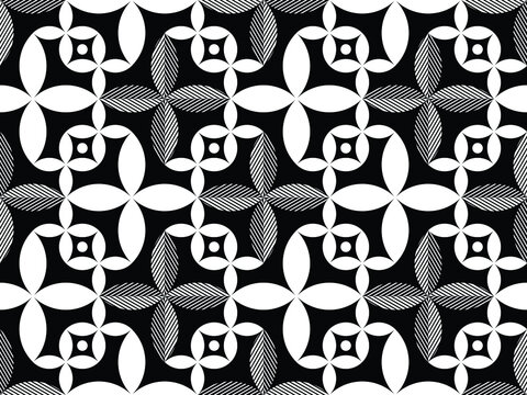 Abstract geometric seamless pattern. Black and white flower vector background.