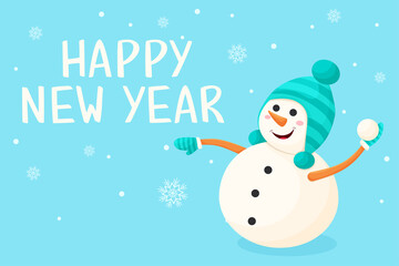 Fototapeta na wymiar Winter vector banner with cheerful snowman in cartoon style. Playful snowman throws snowballs New Year card. Happy new year lettering. 
