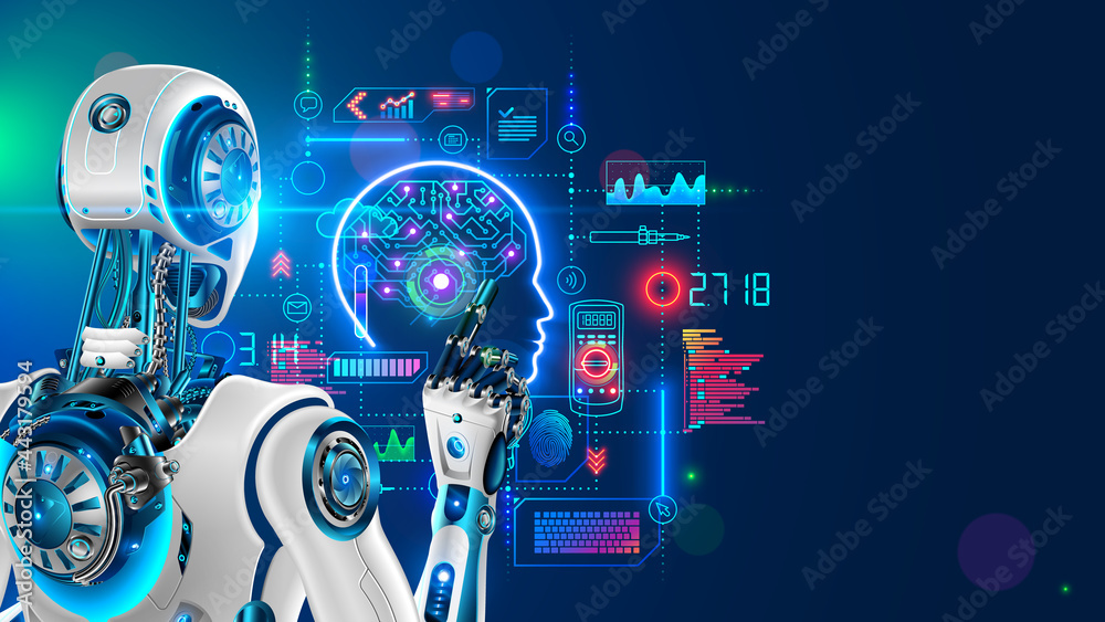 Aufkleber Robot or cyborg programming artificial intelligence in cyberspace. AI in industrial revolution. Machine looking on hud screen. Deep Machine learning. Back view. Neural network in image humanoid robot