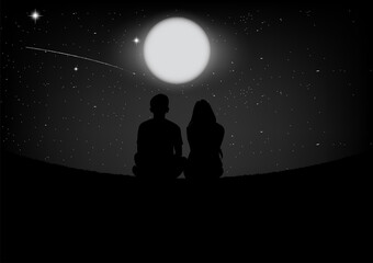 silhouette image A couple man and woman sitting with Moon on sky at night time design vector illustration