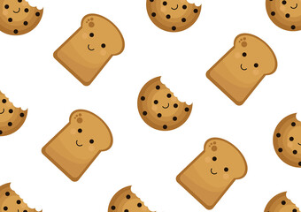 pattern with the theme of sweet chocolate food, biscuits and bread with a sweet and adorable face