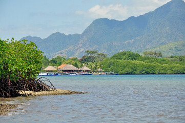 Landscape of West Bali National Park, with some montains and snorkeling activities