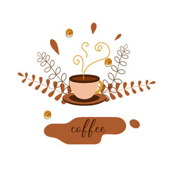 A cup of fresh coffee on the background of the flower. Vector illustration. Flat style. Decorative design for cafeteria, posters, banners, and  postcards