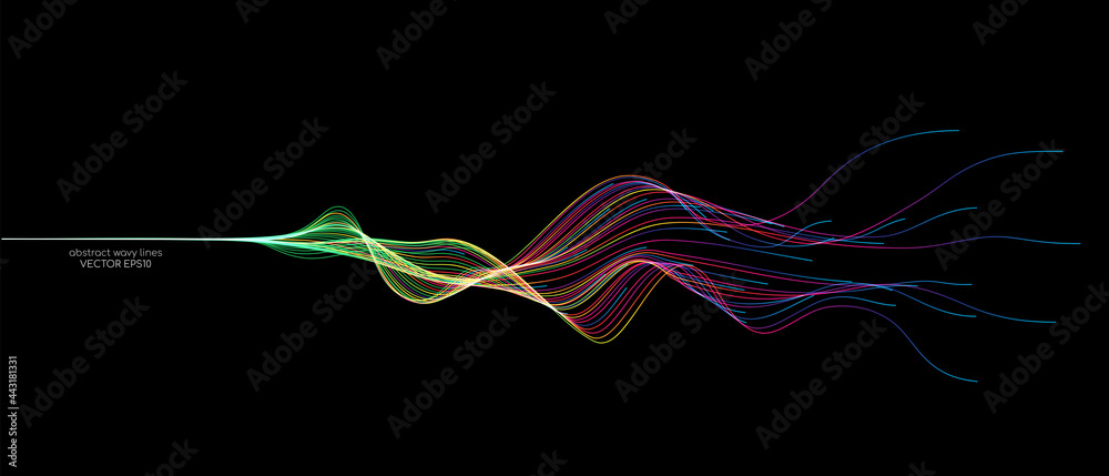 Aufkleber Vector abstract wave lines flowing dynamic in colorful spectrum colors isolated on black background for concept of modern, technology, digital, communication, science, music.