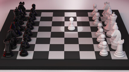 Chess game planning the first turn,competitive strategy planning concept,3D render