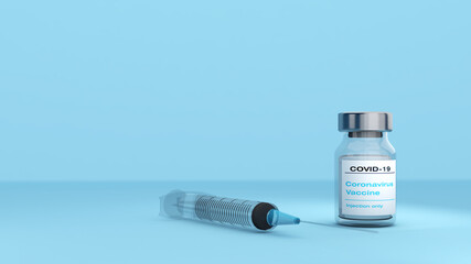 Vaccine bottle and syringe on light blue background,3D render