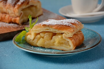 Austrian strudel with mint and with powdered sugar on a plate. Cake with apple jam