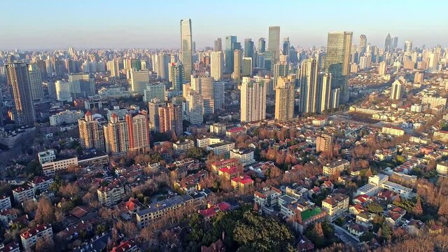 Aerial view of the cityscape of Shanghai City, China. Shikumen in winter 