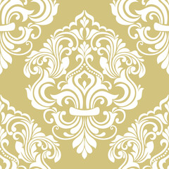 Damask seamless vector background. Wallpaper in the baroque style template. Beige and white floral element. Graphic ornate pattern for wallpaper, fabric, packaging, wrapping. Damask flower ornament.