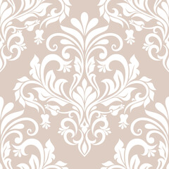Fototapeta na wymiar Damask seamless vector background. Wallpaper in the baroque style template. Beige and white floral element. Graphic ornate pattern for wallpaper, fabric, packaging, wrapping. Damask flower ornament.