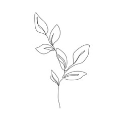 Continuous Line Drawing of Leaves Branch Black Sketch Isolated on White Background. Simple Leaf One Line Illustration. Minimalist Botanical Drawing. Vector EPS 10.