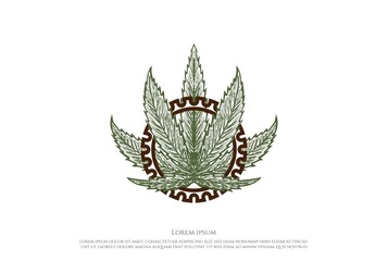 Vintage Marijuana Cannabis Ganja Leaf with Gear Cog Logo Design Vector