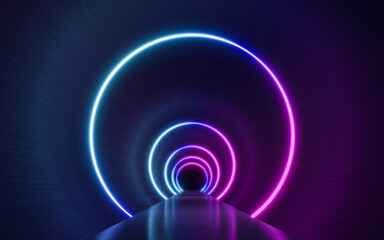 Futuristic Sci Fi Dark Empty Background With Blue And Purple Neon Lights. 3d rendering