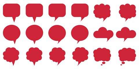 Set of red speech bubble ICONS vector illustration. red tags, label collection. Talking, thinking, conversation, communication symbols. Seamless speech bubble collection for design.