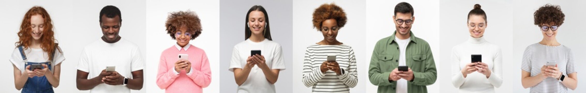 People phone collage. Set of smiling diverse men and women texting with smartphones