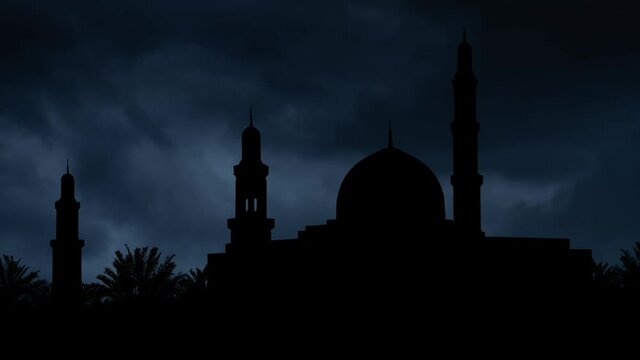 Lightning thunderstorm flash over Silhouette of Sultan Qaboos Grand Mosque In Muscat, Oman