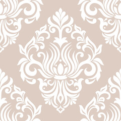 Damask seamless vector background. baroque style pattern. Beige and white floral element. Graphic ornate pattern for wallpaper, fabric, packaging, wrapping. Damask flower ornament.