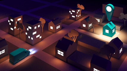 Delivery by car transport to the destination,delivery of goods to the destination,late night transport service,3D render