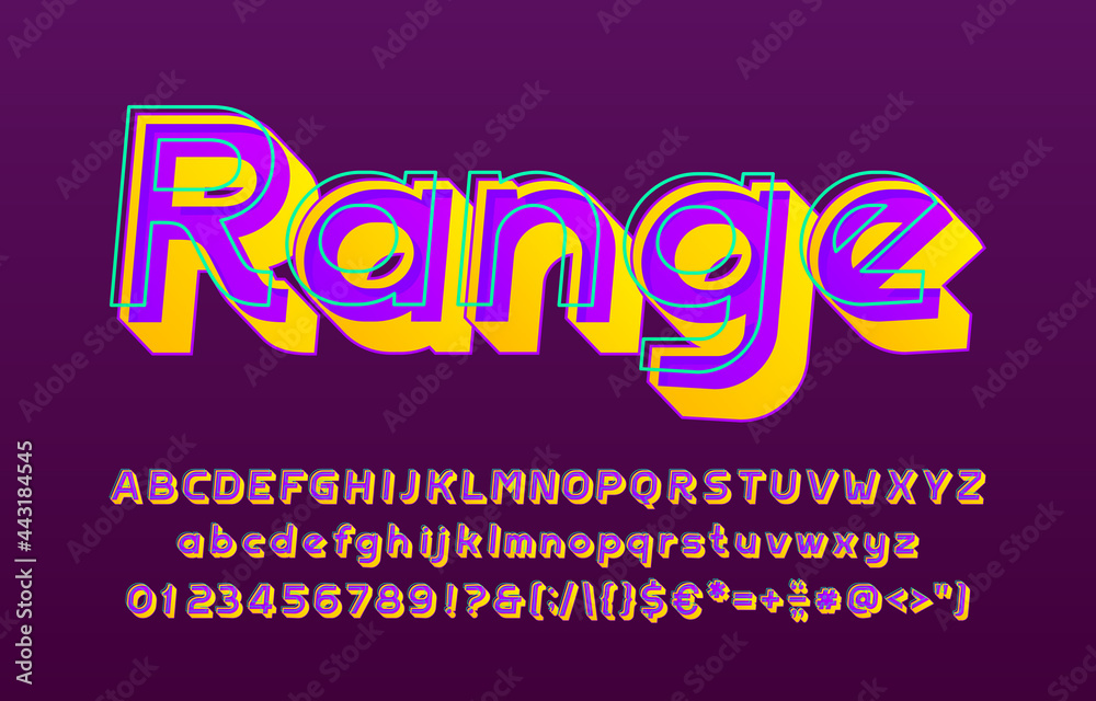 Fototapete range alphabet font. 3d effect letters, numbers and punctuations. uppercase and lowercase. retro-fut