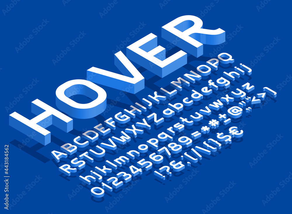 Fototapete hover alphabet font. isometric letters, numbers and punctuation with shadow. uppercase and lowercase