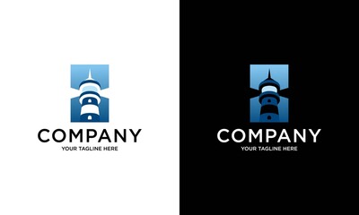 Lighthouse logo concept design template isolated on white and black background. Lighthouse tower vector logo in a box with lightweight logo design. Logo design template for business, industry