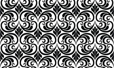 Floral geometric seamless pattern. Black and white ornament. Fabric for ornament, wallpaper, packaging, vector background.