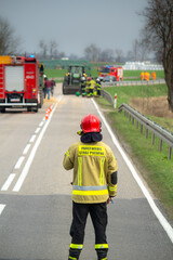 Road accident in Poland. Photo with fireman. Near Czarnków Poland Polska.  Polish fireman in the action