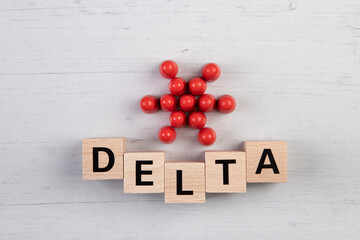 wooden blocks with the word delta and red figurines building a symbol vor the virus