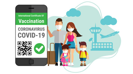 Coronavirus vaccination certificate e-passport with QR code in the smartphone mobile app for international travel concept and family tourism with surgical mask face protection at airport