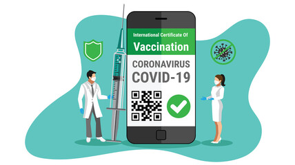 Vaccine e-passport on a smartphone with QR code certificate e-passport app for international travel concept. Doctor holding Coronavirus vaccine syringe