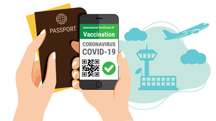Tourism's hand holds passport and a smartphone mobile Coronavirus vaccination certificate e-passport app for international travel concept at airport