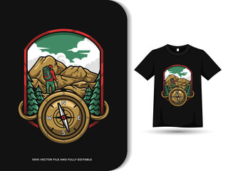 adventure man and compass hiking mountain concept vintage t shirt design template. vector full editable eps cc