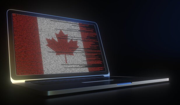 Flag of Canada made with computer code on the laptop screen. Hacking or cybersecurity related 3d rendering