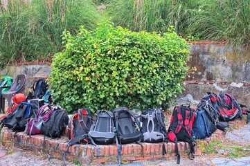 Obraz premium Group of backpacks ready for hiking