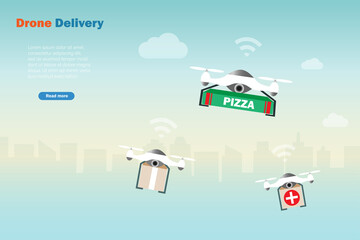 Flying drones delivery pizza, medicine and shipments to customer. Idea for drone delivery service, modern autonomous transportation technology in logistic and supply chain industry. 