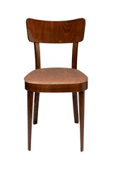 Brown wooden chair with plain brown fabric upholstery. Front view. Isolated on white background.