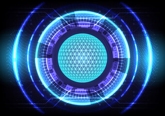Blue light effect. Abstract hi-tech background. Futuristic Sci-Fi glowing HUD circle and sphere. Head-up display interface. Virtual reality technology innovation screen. Digital business