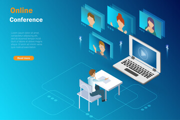 Businessman online conference, office meeting with colleagues in computer screen. Isometric view, vector. Modern workplace, work from home using wireless digital technology concept.