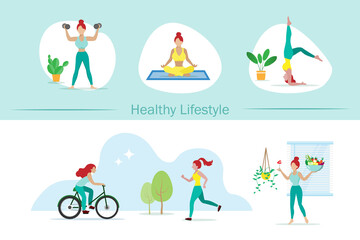 Healthy lifestyle woman, fitness, meditation, yoga, biking, jogging and eat organic fresh vegetables. Leisure and recreation activities