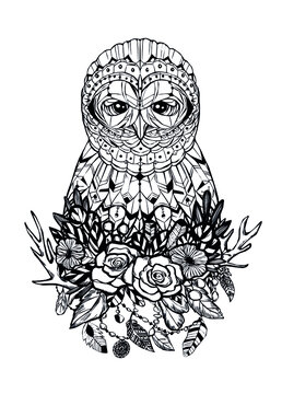 Vector wild owl bird animal tattoo silhouette hand-drawn drawing illustration in tribal boho line art stencil style.T shirt print design.Vinyl wall sticker decal.Plotter laser cutting.Woodland animals