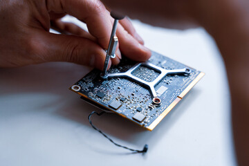 Solutions services electronic hardware. Engineer technician man upgrade and maintenance digital pc....