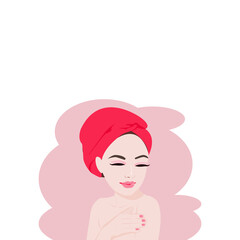 Close up front view of face young beautiful woman who bandana and applying face mask or cream.Girl show her skin. Vector isolate flat design concept for  Beauty, skincare, makeup ,cleaning face banner