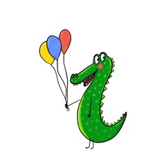 Funny crocodile with balloons on a white background. Concept congratulations, greeting card.Illustration is drawn in cartoon style.