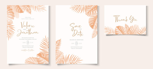 Wedding invitation card template with tropical leaf design